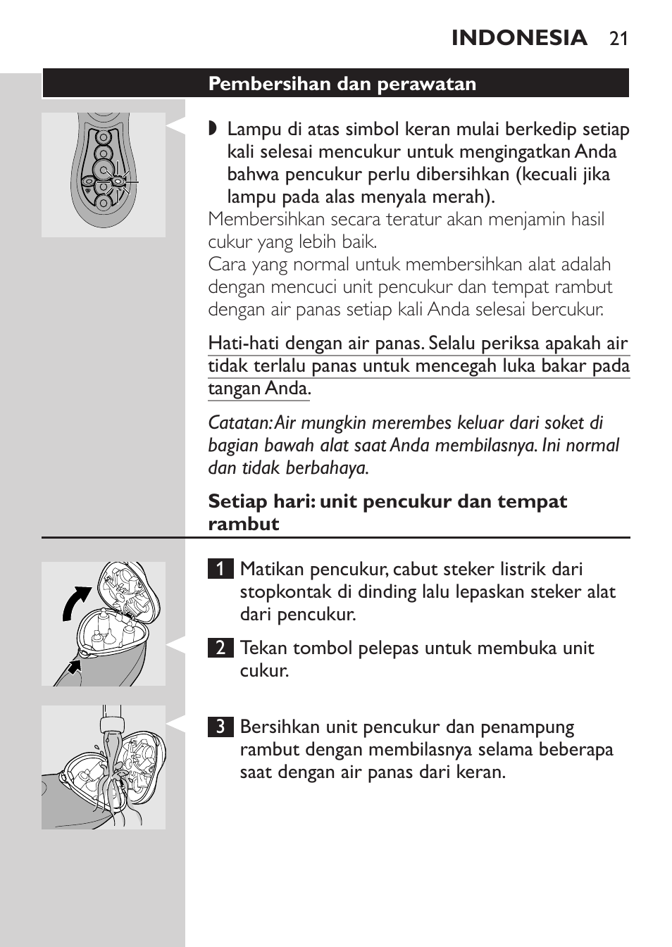 Pembersihan dan perawatan, Setiap hari: unit pencukur dan tempat rambut | Philips HQ8170-43 User Manual | Page 19 / 100