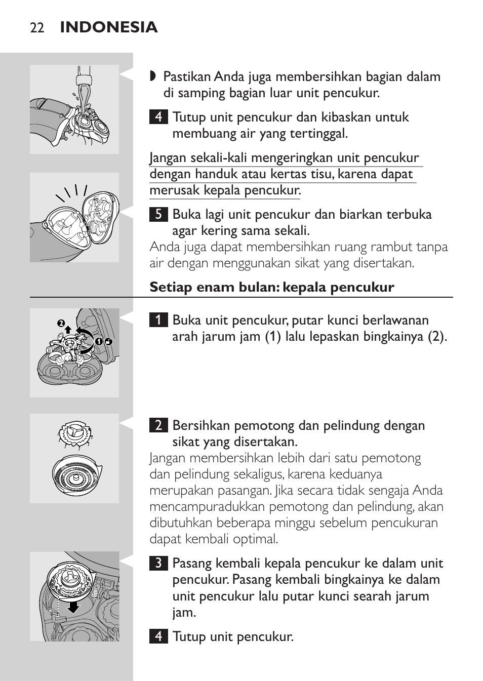 Setiap enam bulan: kepala pencukur | Philips HQ8170-43 User Manual | Page 20 / 100