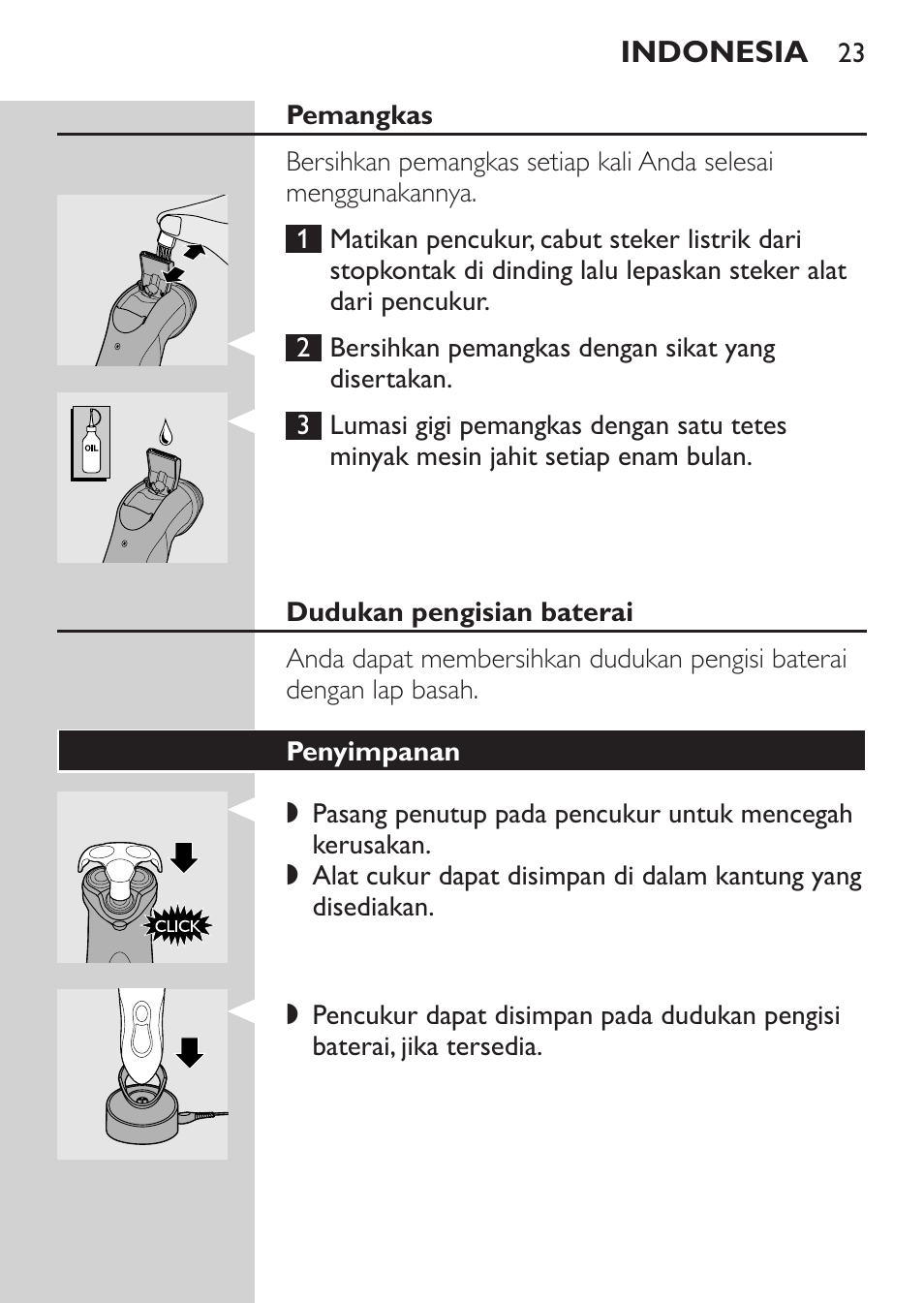 Pemangkas, Dudukan pengisian baterai, Penyimpanan | Philips HQ8170-43 User Manual | Page 21 / 100