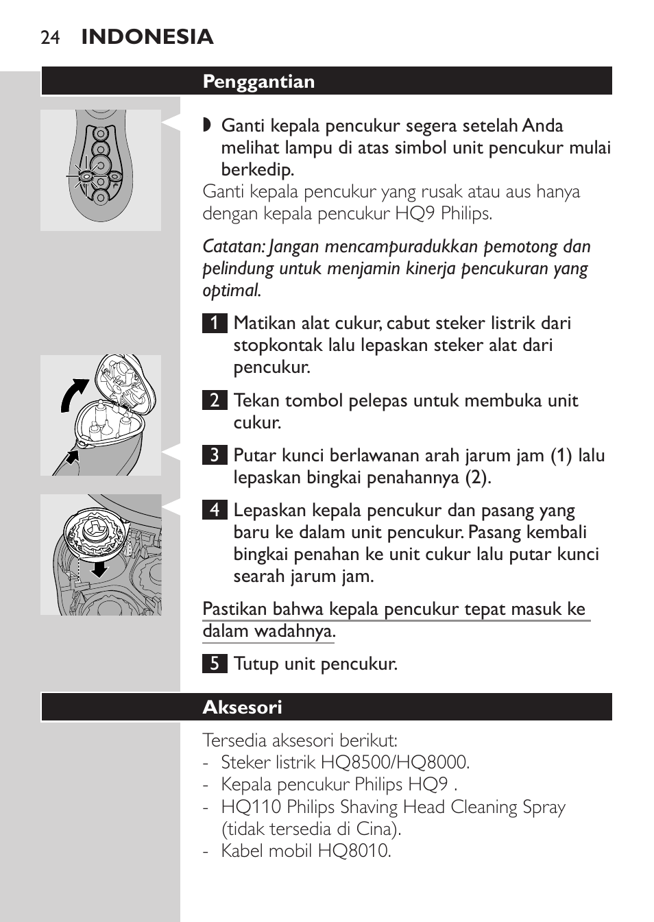 Penggantian, Aksesori | Philips HQ8170-43 User Manual | Page 22 / 100