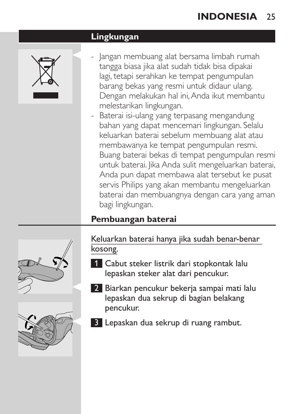 Lingkungan, Pembuangan baterai | Philips HQ8170-43 User Manual | Page 23 / 100