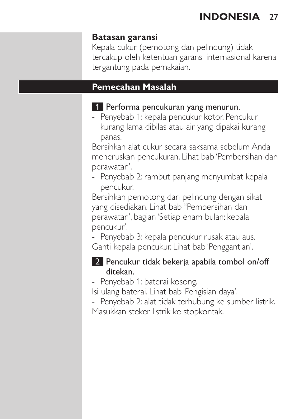 Batasan garansi, Pemecahan masalah | Philips HQ8170-43 User Manual | Page 25 / 100