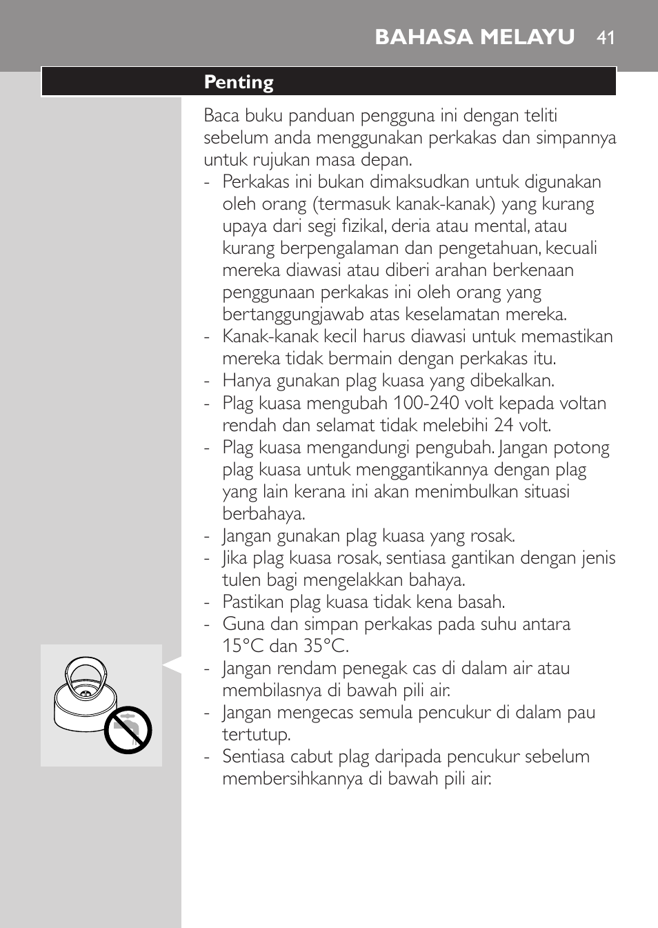 Bahasa melayu, Penting | Philips HQ8170-43 User Manual | Page 39 / 100