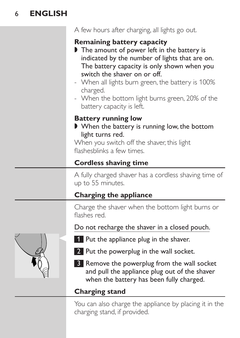 Remaining battery capacity, Battery running low, Cordless shaving time | Charging the appliance, Charging stand | Philips HQ8170-43 User Manual | Page 4 / 100