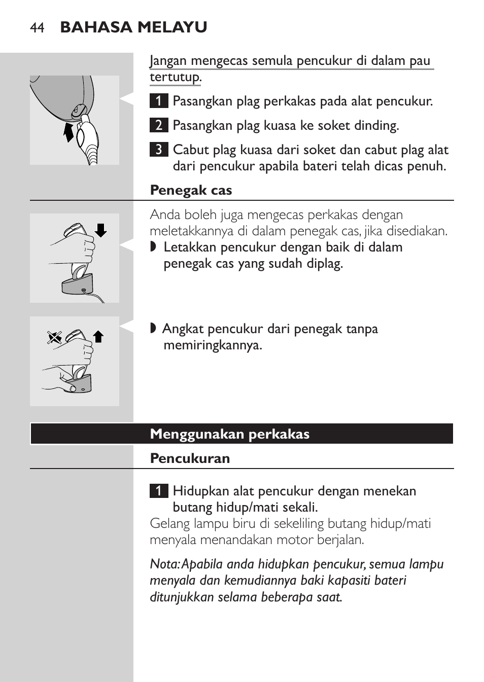 Penegak cas, Menggunakan perkakas, Pencukuran | Philips HQ8170-43 User Manual | Page 42 / 100