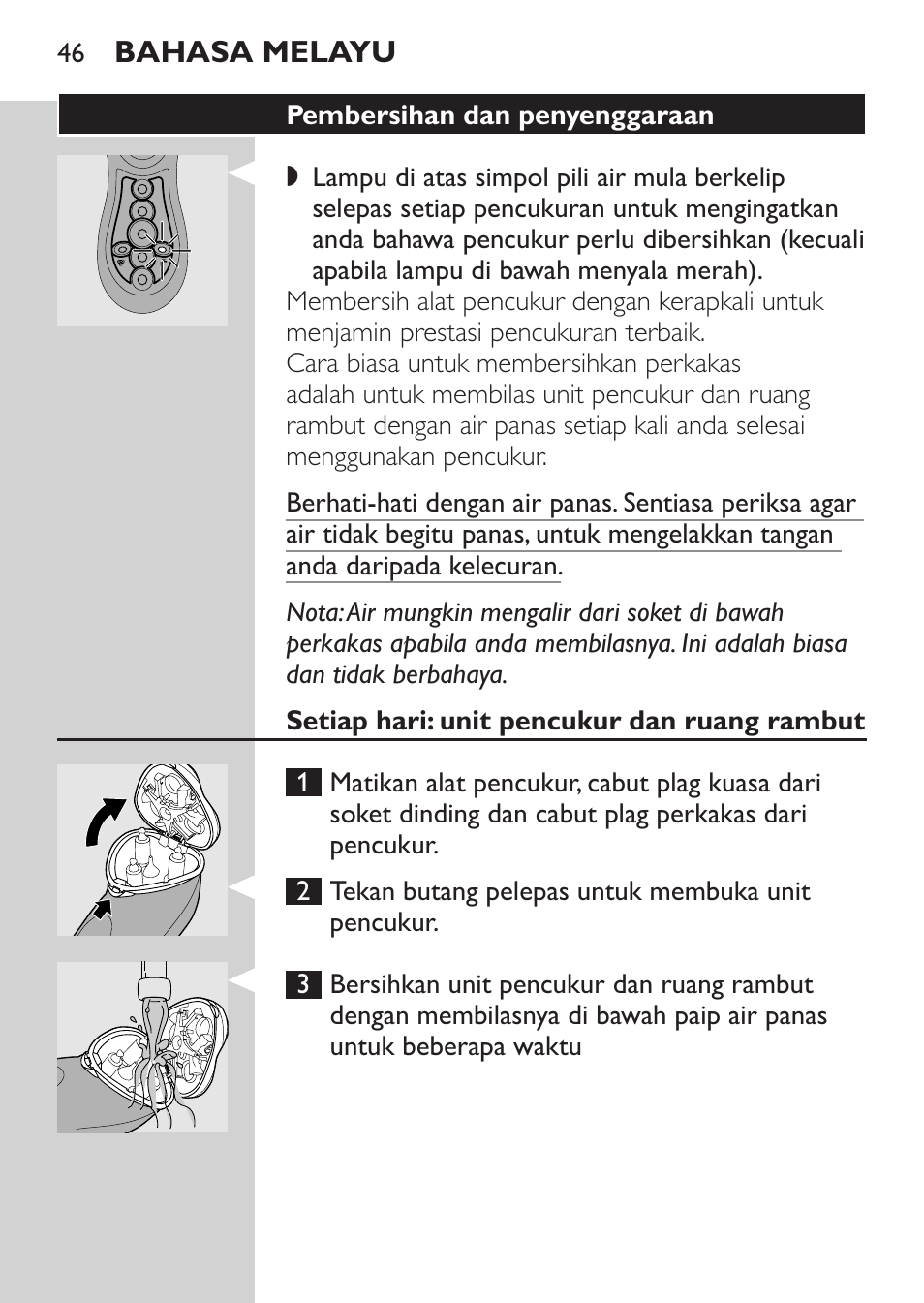 Pembersihan dan penyenggaraan, Setiap hari: unit pencukur dan ruang rambut | Philips HQ8170-43 User Manual | Page 44 / 100