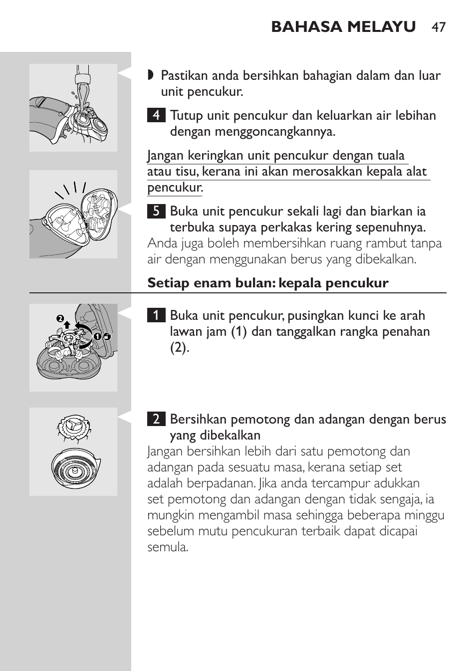 Setiap enam bulan: kepala pencukur | Philips HQ8170-43 User Manual | Page 45 / 100