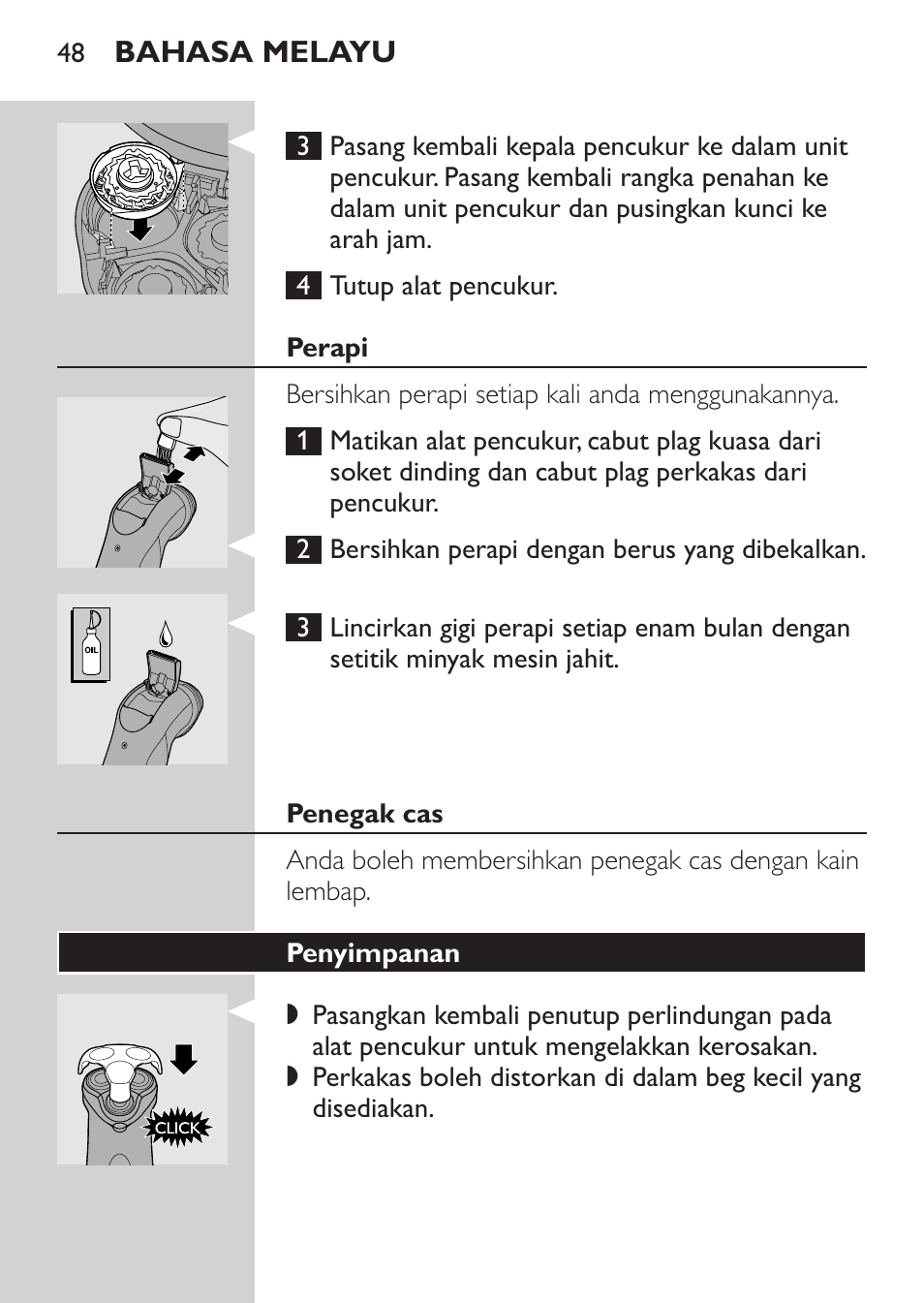 Perapi, Penegak cas, Penyimpanan | Philips HQ8170-43 User Manual | Page 46 / 100