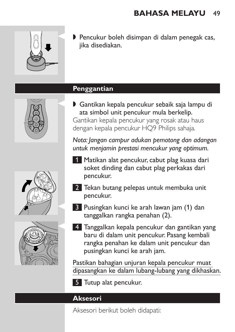 Penggantian, Aksesori | Philips HQ8170-43 User Manual | Page 47 / 100