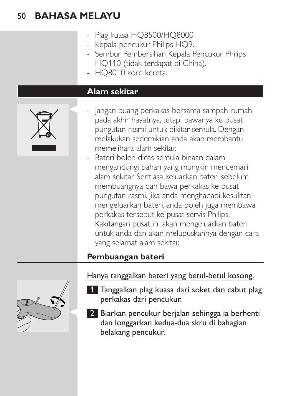 Alam sekitar, Pembuangan bateri | Philips HQ8170-43 User Manual | Page 48 / 100