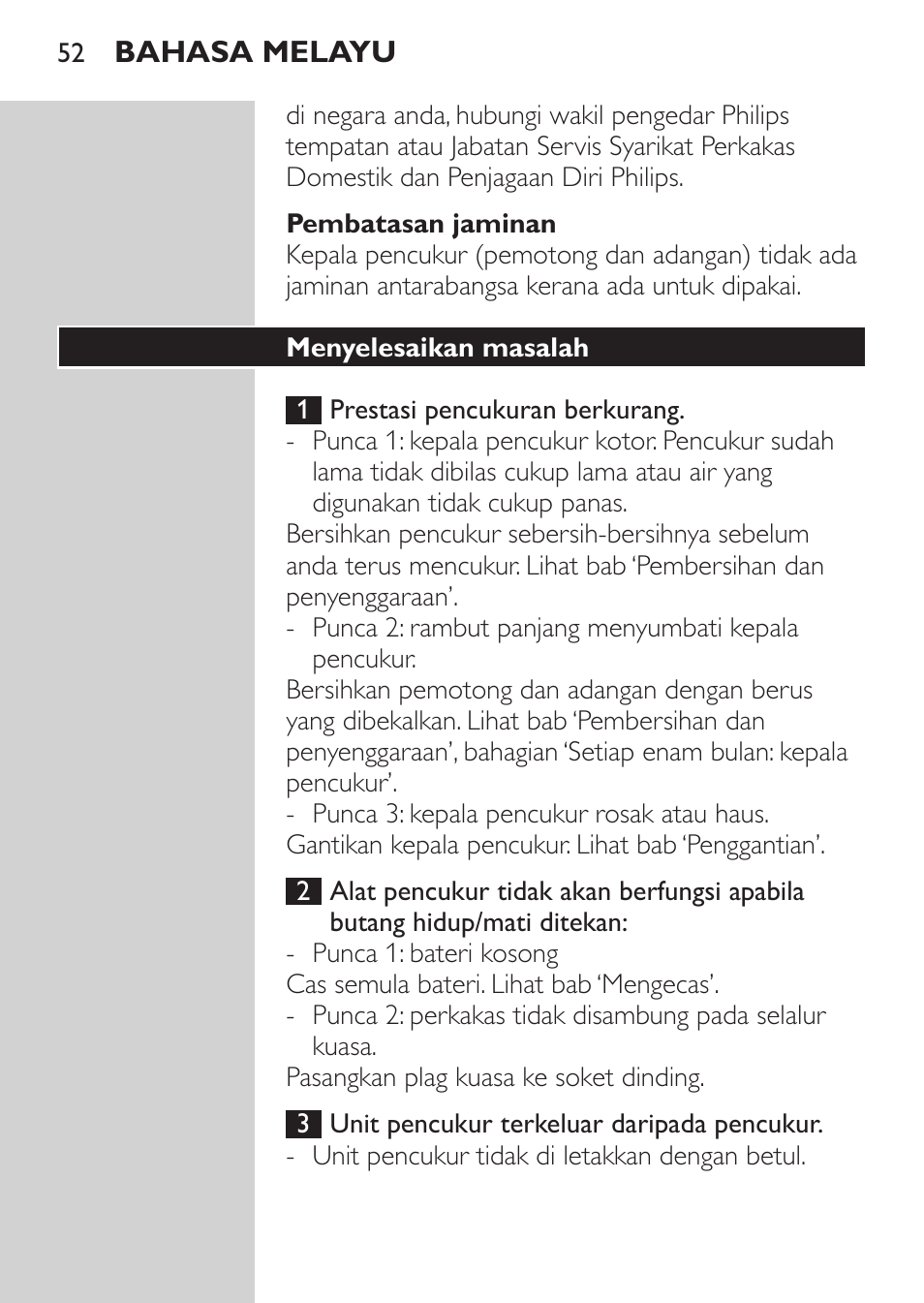 Pembatasan jaminan, Menyelesaikan masalah | Philips HQ8170-43 User Manual | Page 50 / 100