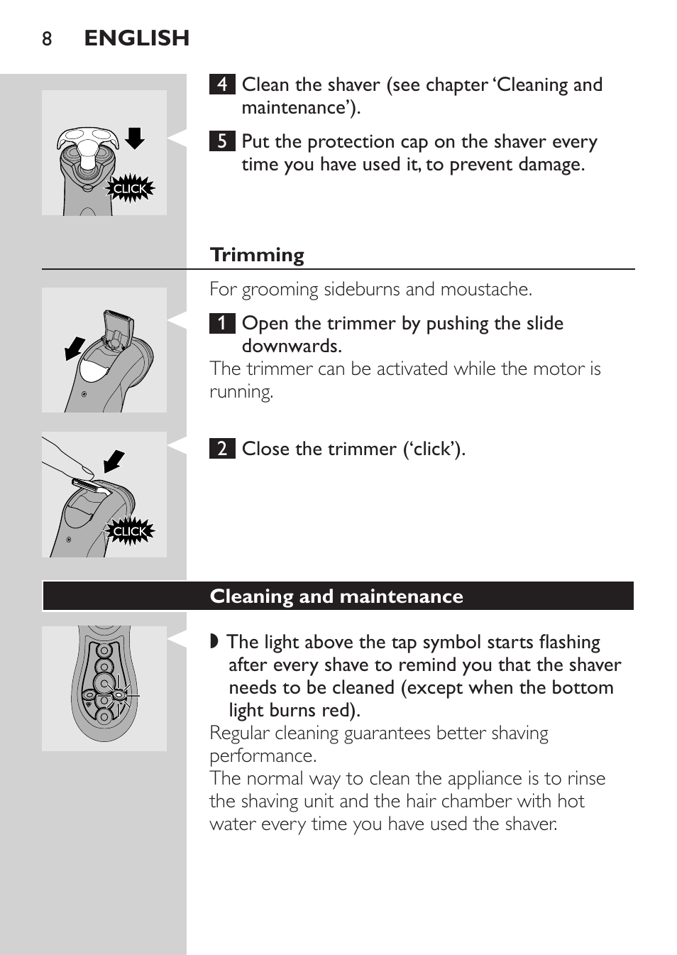 Trimming, Cleaning and maintenance | Philips HQ8170-43 User Manual | Page 6 / 100