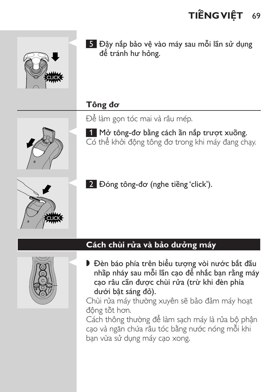 Tông đơ, Cách chùi rửa và bảo dưởng máy | Philips HQ8170-43 User Manual | Page 67 / 100