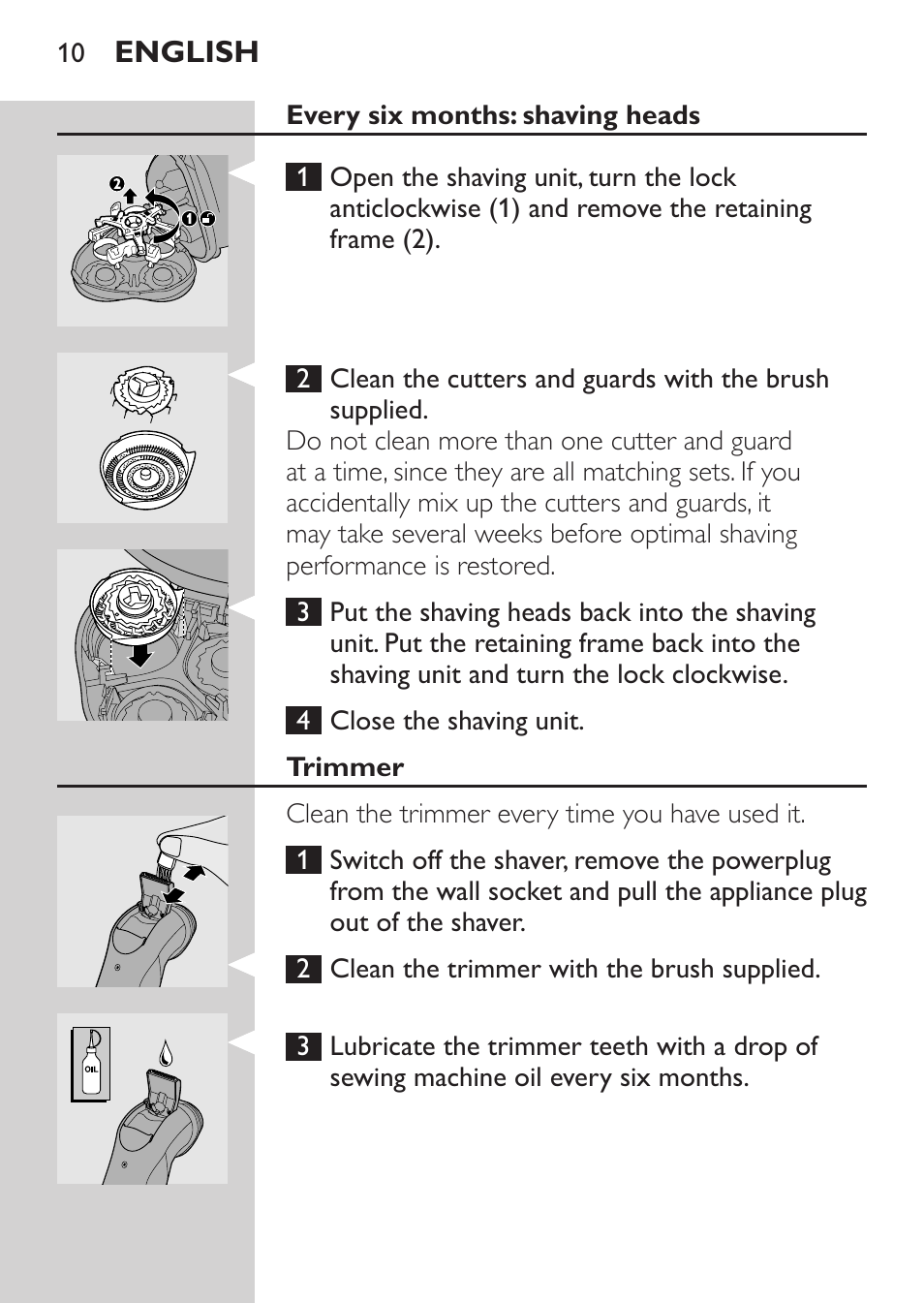 Every six months: shaving heads, Trimmer | Philips HQ8170-43 User Manual | Page 8 / 100