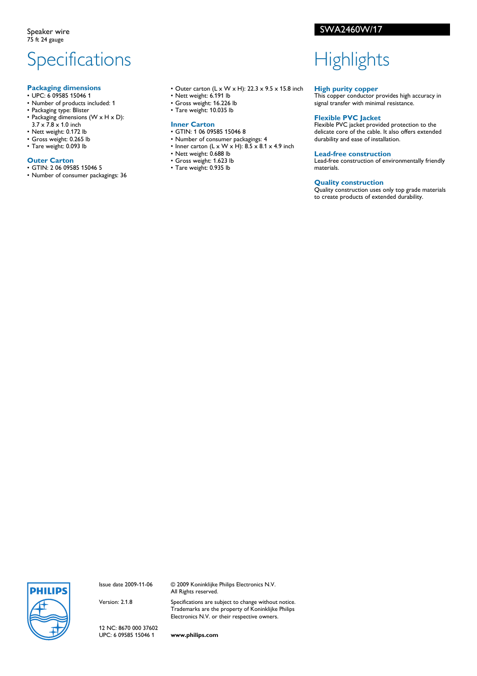 Specifications, Highlights | Philips SWA2460W-17 User Manual | Page 2 / 2