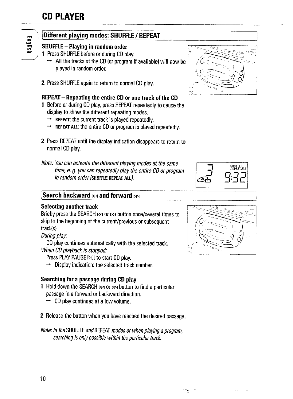 Different playing modes: shuffle / repeat, Search backward ¡<m and forward, Cd player | Philips AZ1209-17 User Manual | Page 10 / 16