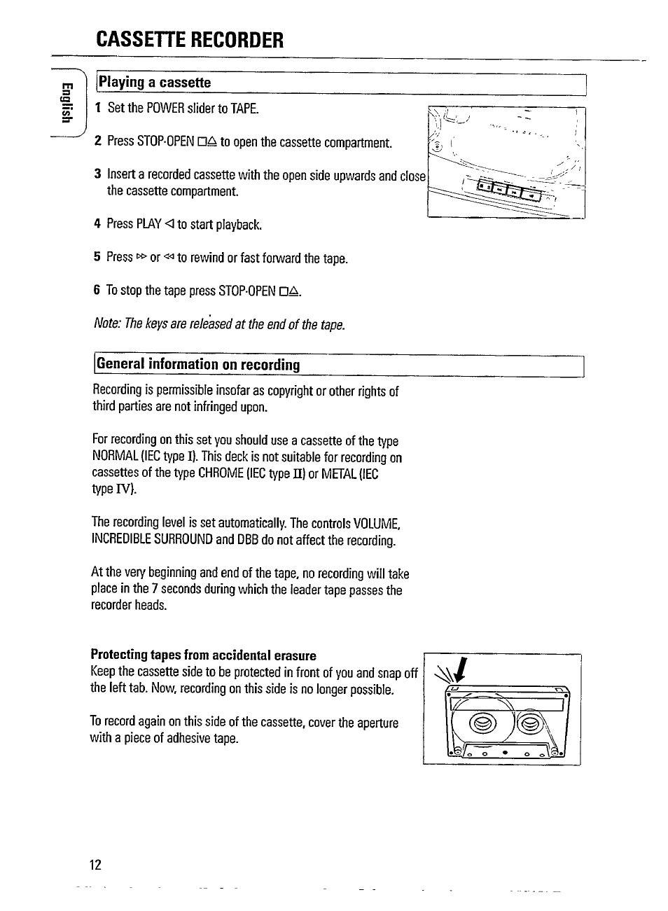 Cassehe recorder, Cassette recorder -13, Playing a cassette | Philips AZ1209-17 User Manual | Page 12 / 16