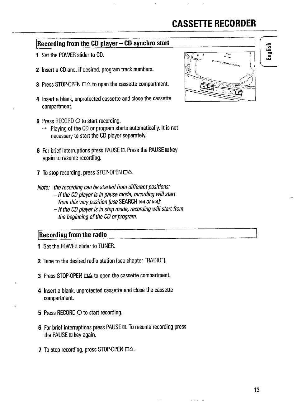 Cassehe recorder, Recording from the cd player - cd synchro start, Recording from the radio | Kassetterecorder -49 | Philips AZ1209-17 User Manual | Page 13 / 16