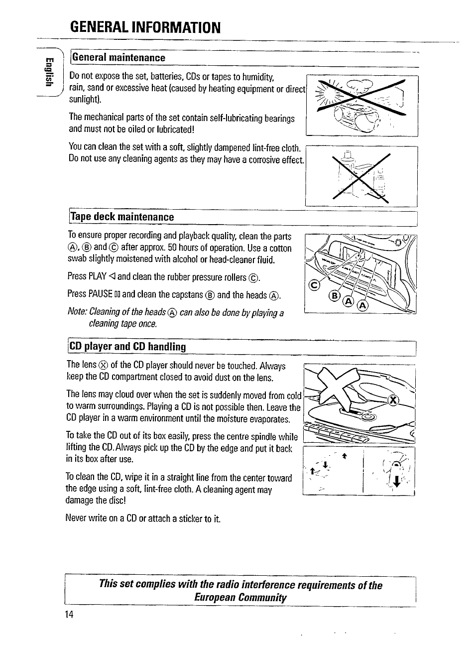 General information, General maintenance, Tape deck maintenance | Cd player and cd handling | Philips AZ1209-17 User Manual | Page 14 / 16