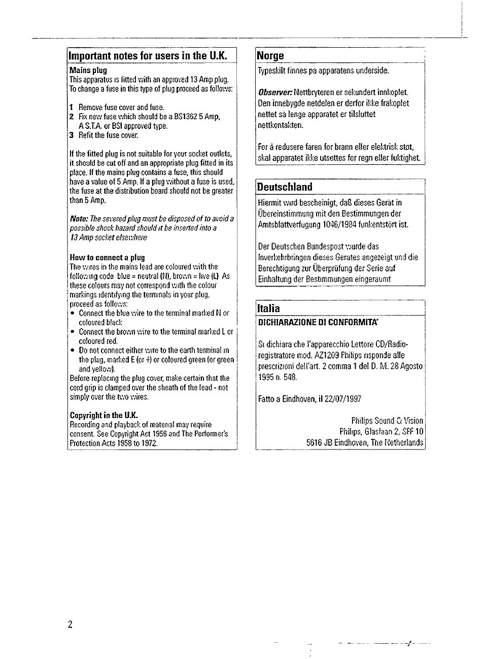 Important notes for users in the u.k, Norge, Deutschland | Italia | Philips AZ1209-17 User Manual | Page 2 / 16