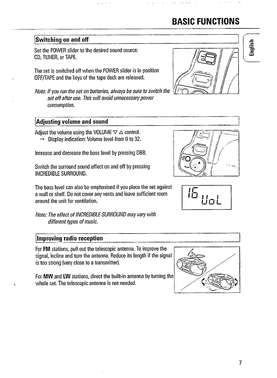 Switching on and off, Adjusting volume and sound, Improving radio reception | M _ t, Basic functions | Philips AZ1209-17 User Manual | Page 7 / 16