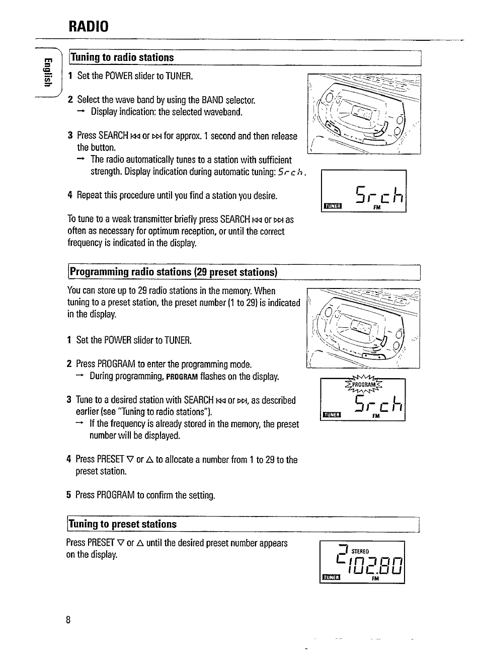 Radio, Tuning to radio stations, Programming radio stations (29 preset stations) | Tuning to preset stations | Philips AZ1209-17 User Manual | Page 8 / 16