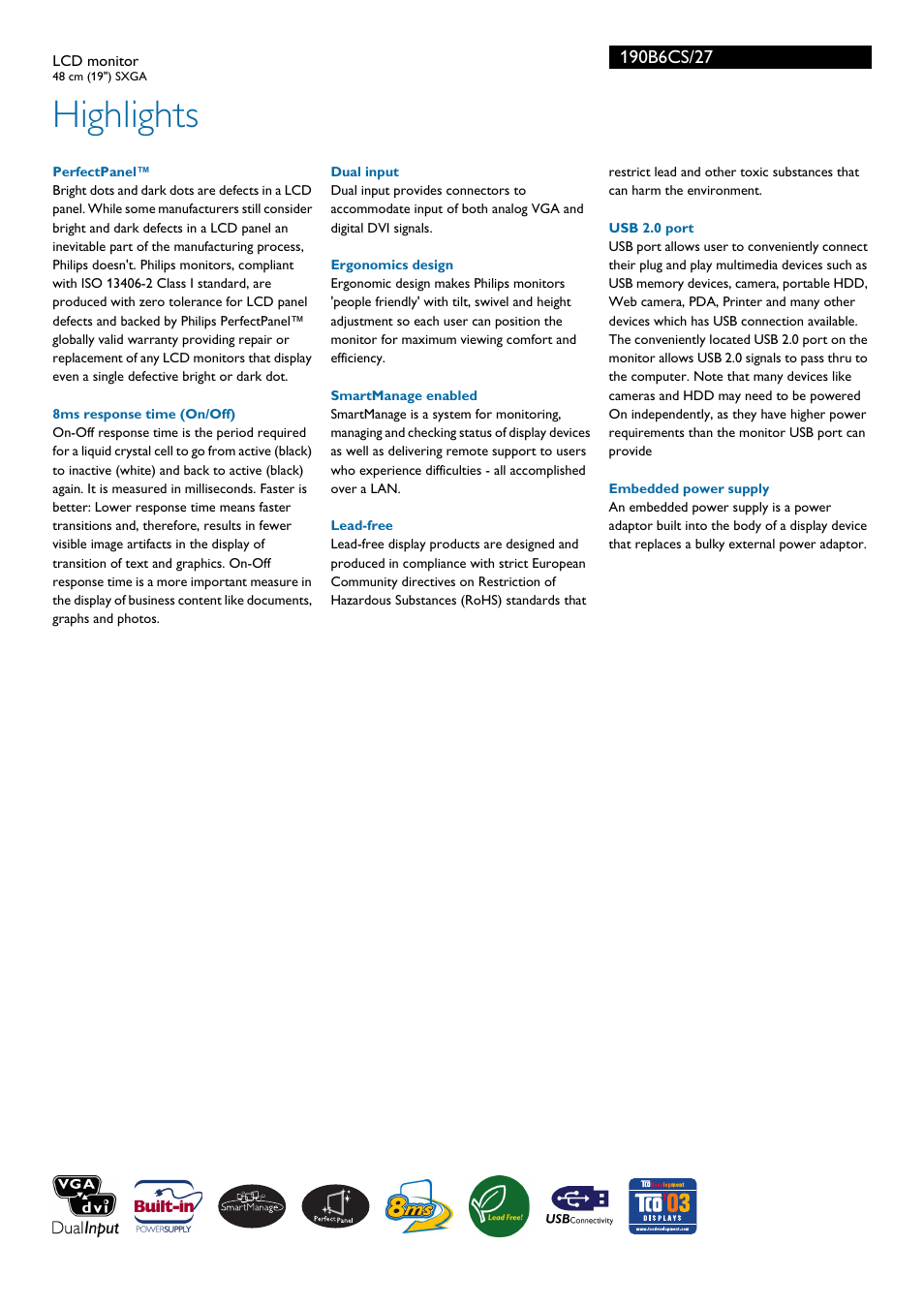 Highlights | Philips 190B6CS-27 User Manual | Page 2 / 3