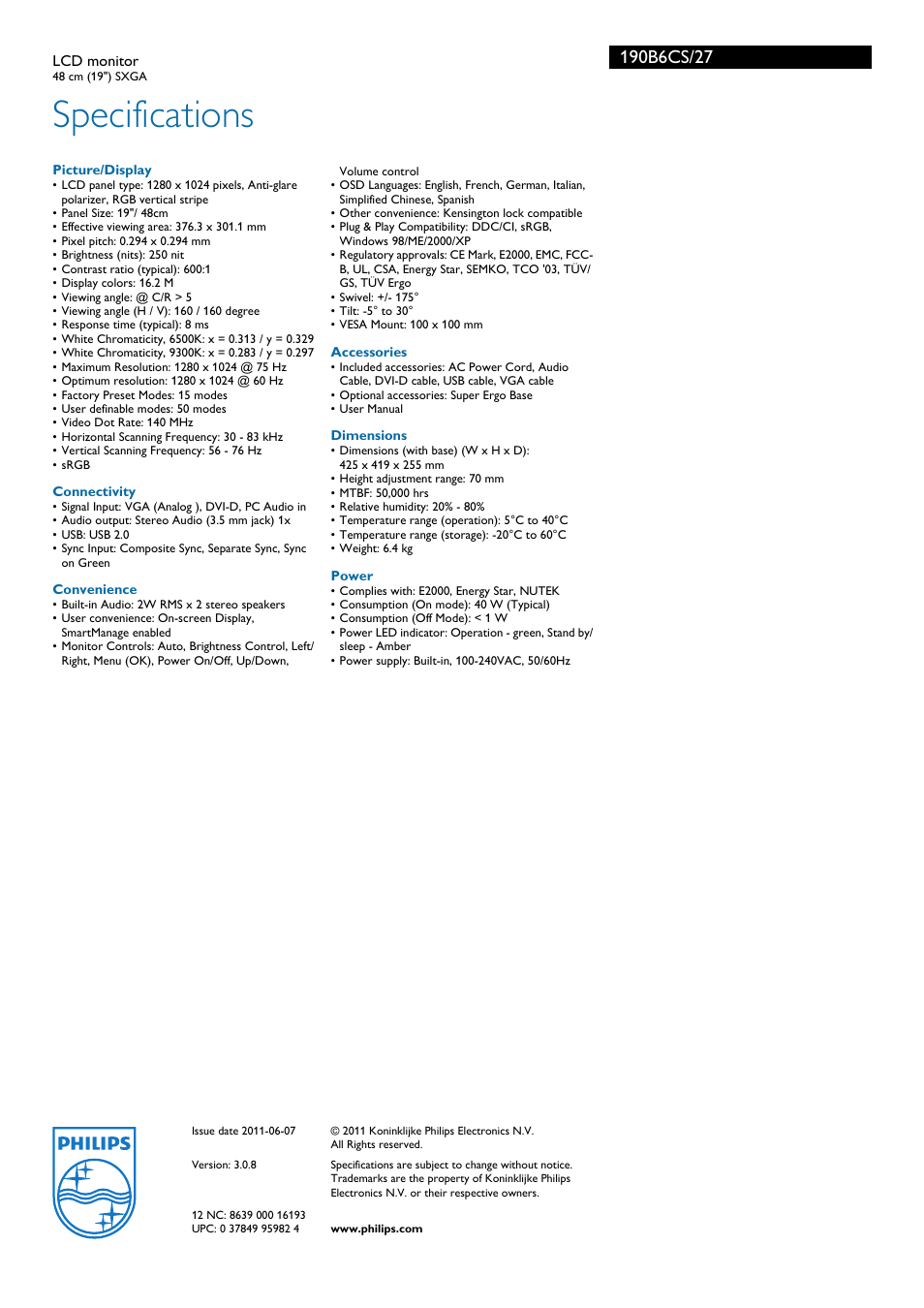 Specifications | Philips 190B6CS-27 User Manual | Page 3 / 3
