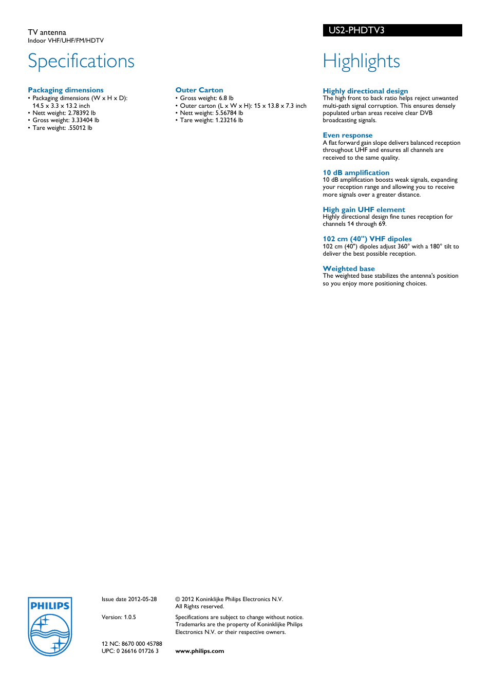 Specifications, Highlights, Us2-phdtv3 | Philips US2-PHDTV3 User Manual | Page 2 / 2