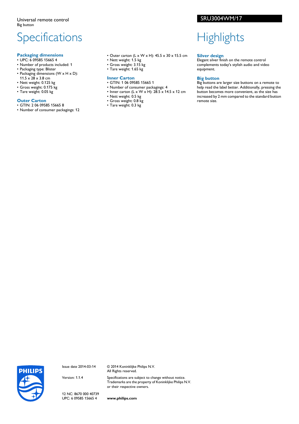 Specifications, Highlights | Philips SRU3004WM-17 User Manual | Page 2 / 2