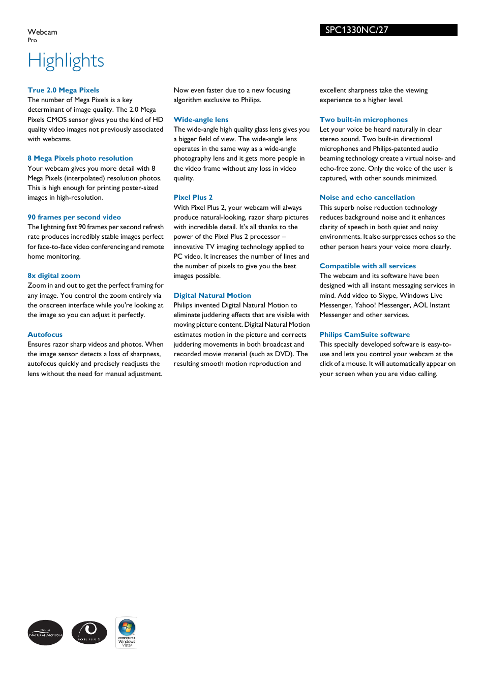 Highlights | Philips SPC1330NC-27 User Manual | Page 2 / 3