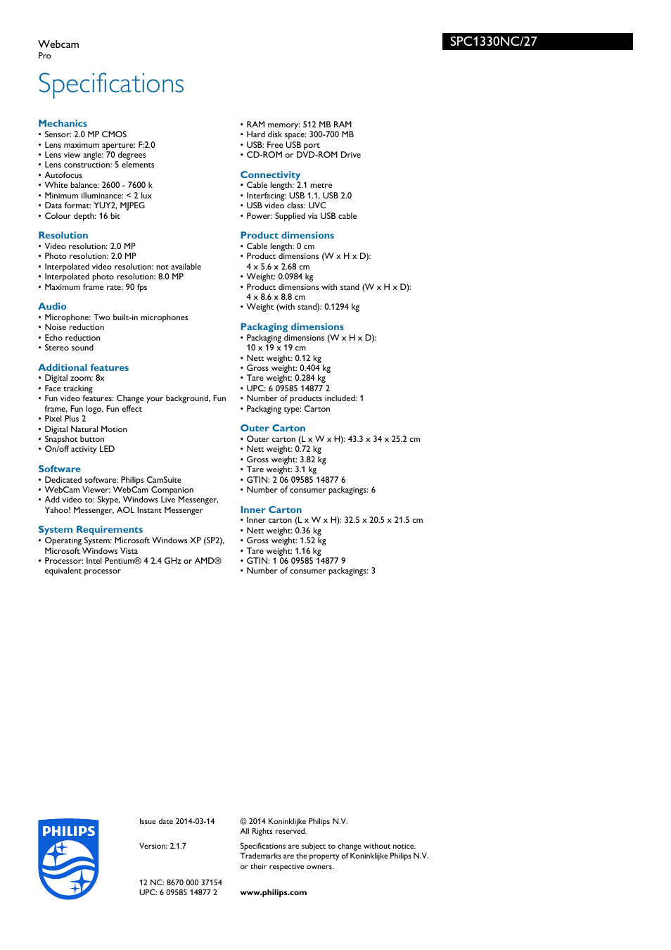 Specifications | Philips SPC1330NC-27 User Manual | Page 3 / 3