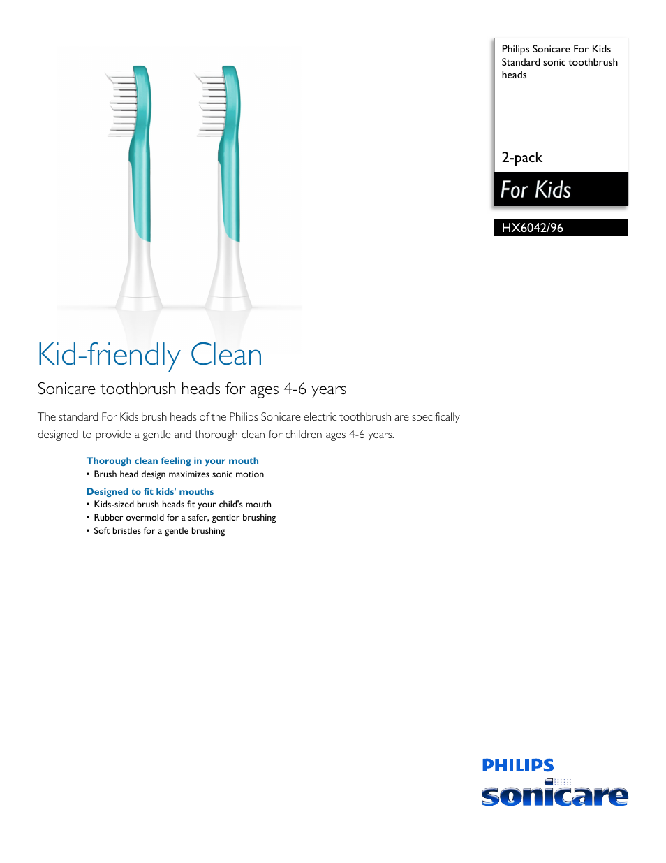 Philips Sonicare For Kids Standard sonic toothbrush heads HX6042-96 2-pack User Manual | 2 pages