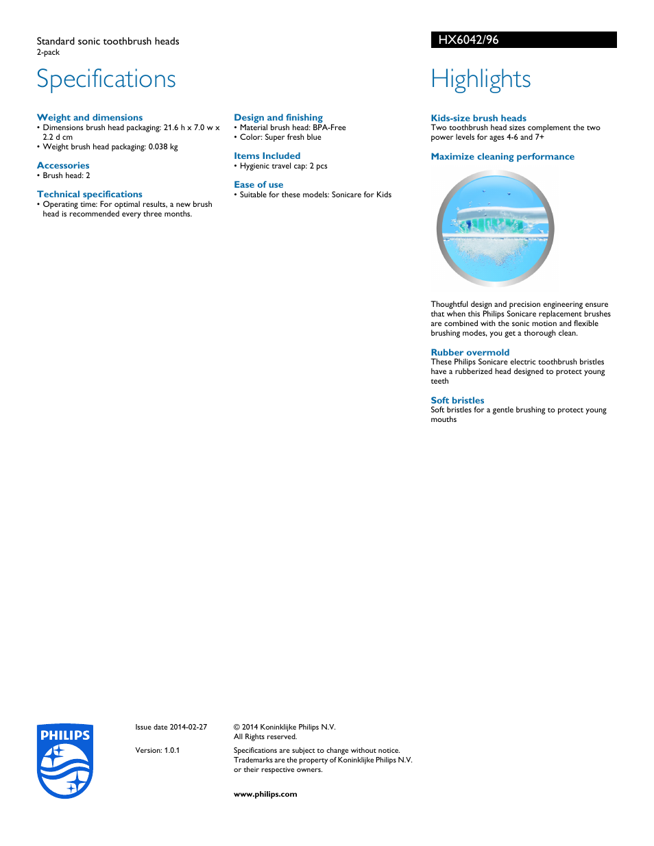 Specifications, Highlights | Philips Sonicare For Kids Standard sonic toothbrush heads HX6042-96 2-pack User Manual | Page 2 / 2