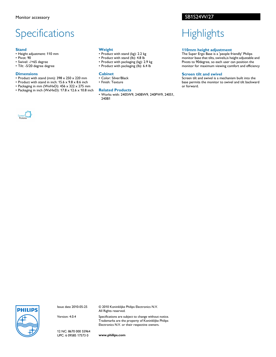 Specifications, Highlights | Philips monitor accessory SB1S24W User Manual | Page 2 / 2