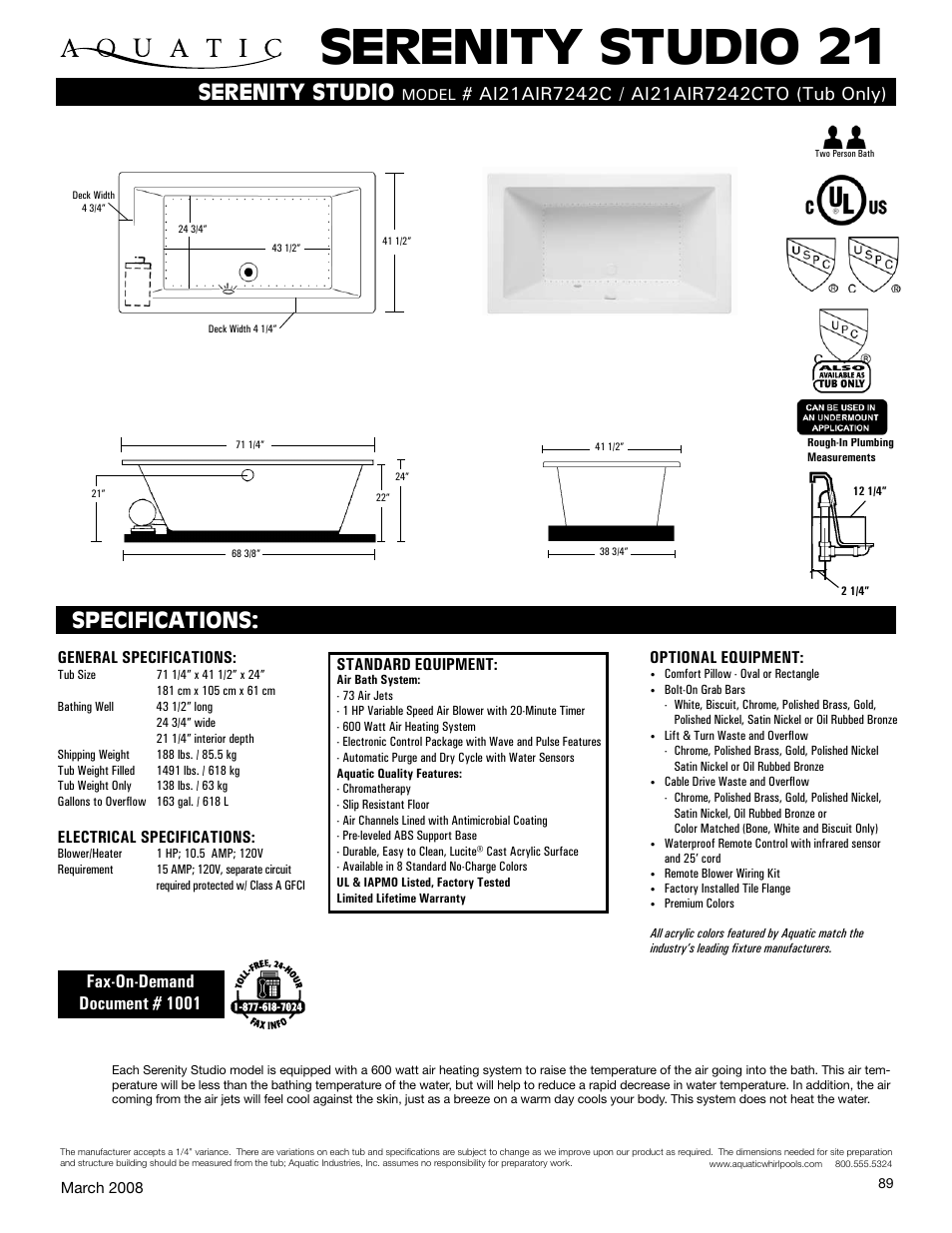 Aquatic AI21AIR7242C User Manual | 1 page