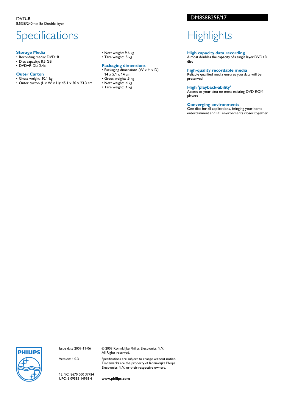 Specifications, Highlights | Philips DM8S8B25F-17 User Manual | Page 2 / 2