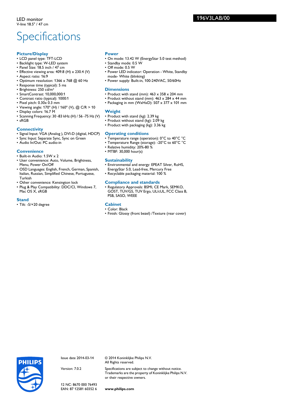 Specifications | Philips 196V3LAB-00 User Manual | Page 3 / 3