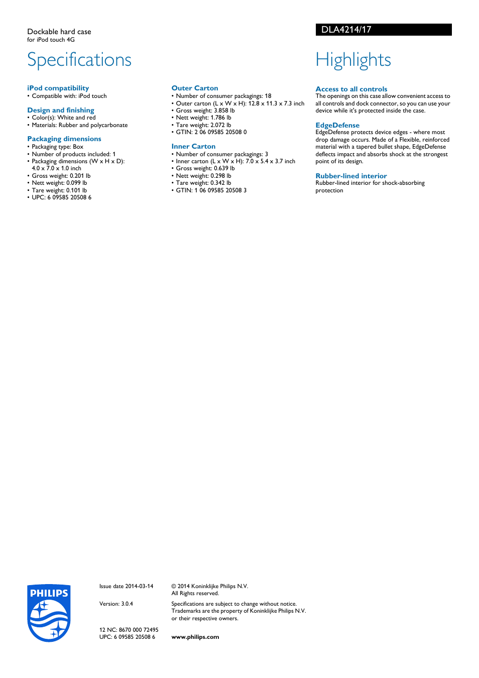 Specifications, Highlights | Philips DLA4214-17 User Manual | Page 2 / 2