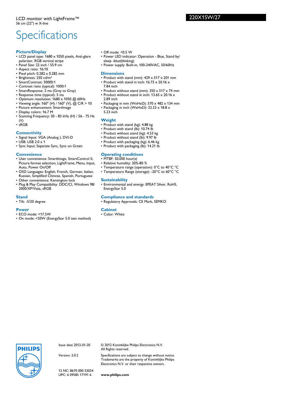 Specifications | Philips 220X1SW-27 User Manual | Page 3 / 3