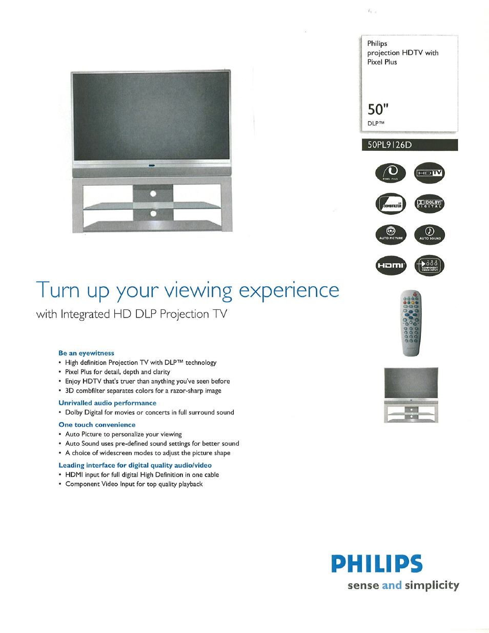 Philips 50" DLP™ projection HDTV Pixel Plus User Manual | 2 pages