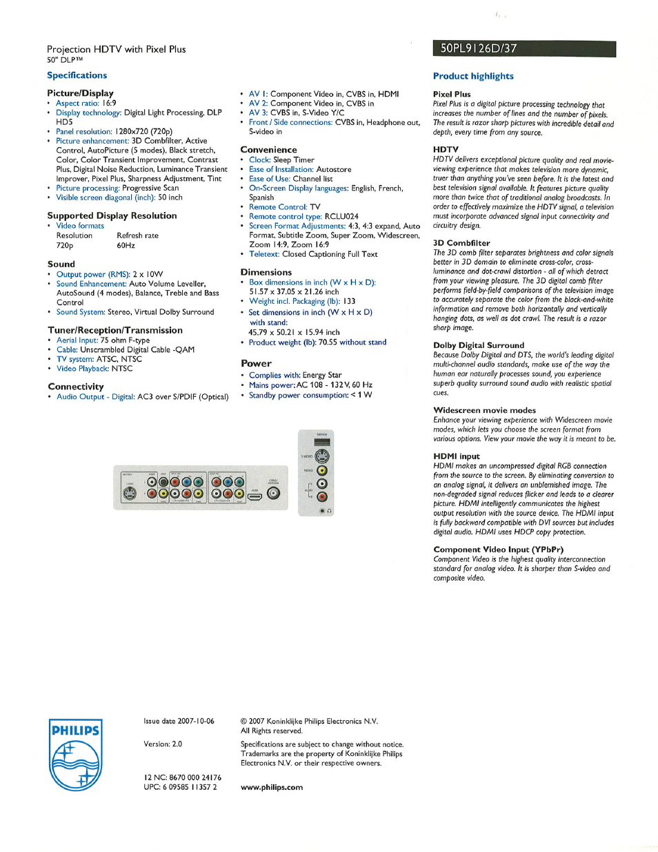 Projection hdtv with pixel plus, Specifications, Picture/display | Supported display resolution, Sound, T uner/reception/t ransmission, Connectivity, Convenience, Dimensions, Product highlights | Philips 50" DLP™ projection HDTV Pixel Plus User Manual | Page 2 / 2