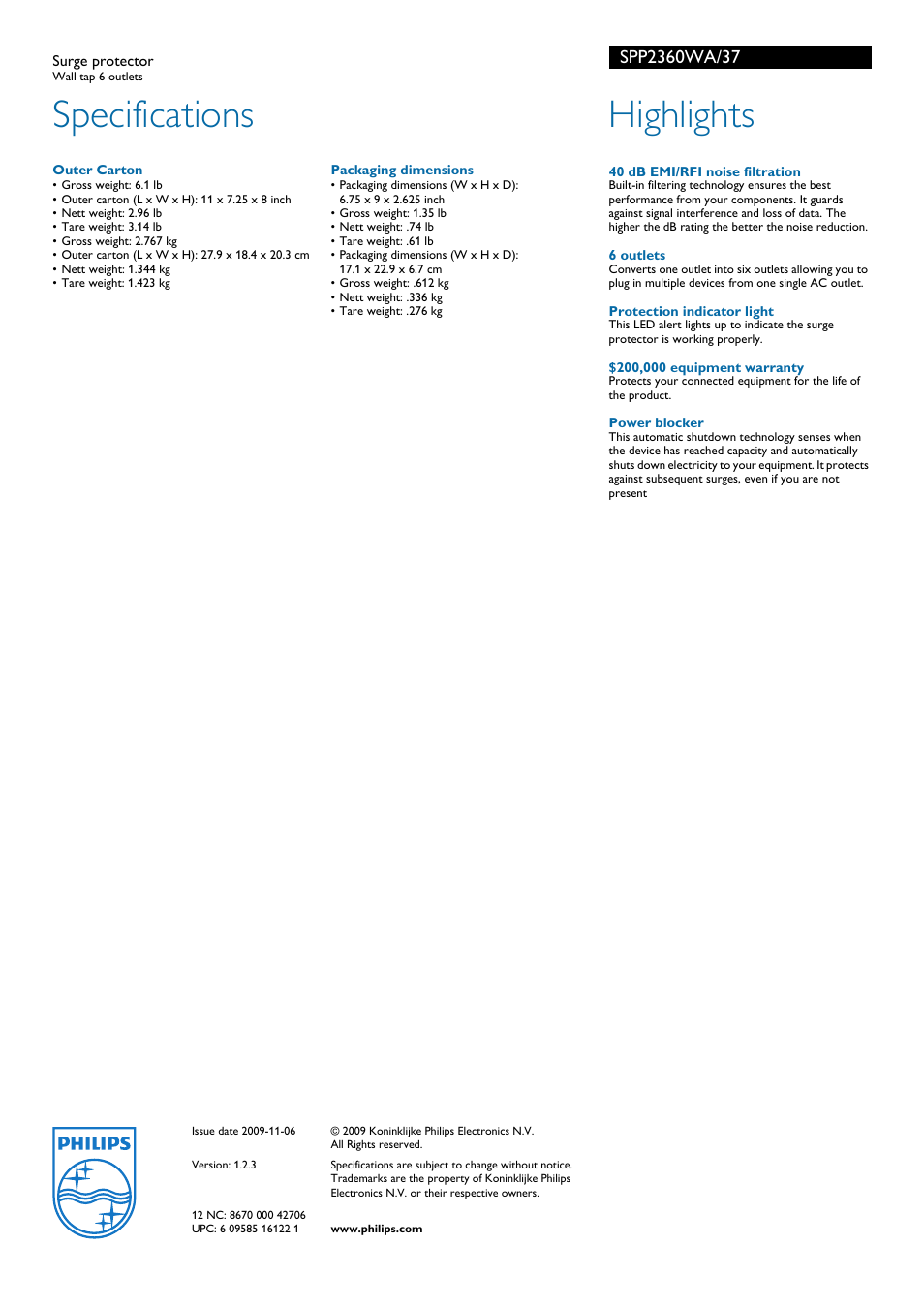 Specifications, Highlights | Philips SPP2360WA-37 User Manual | Page 2 / 2