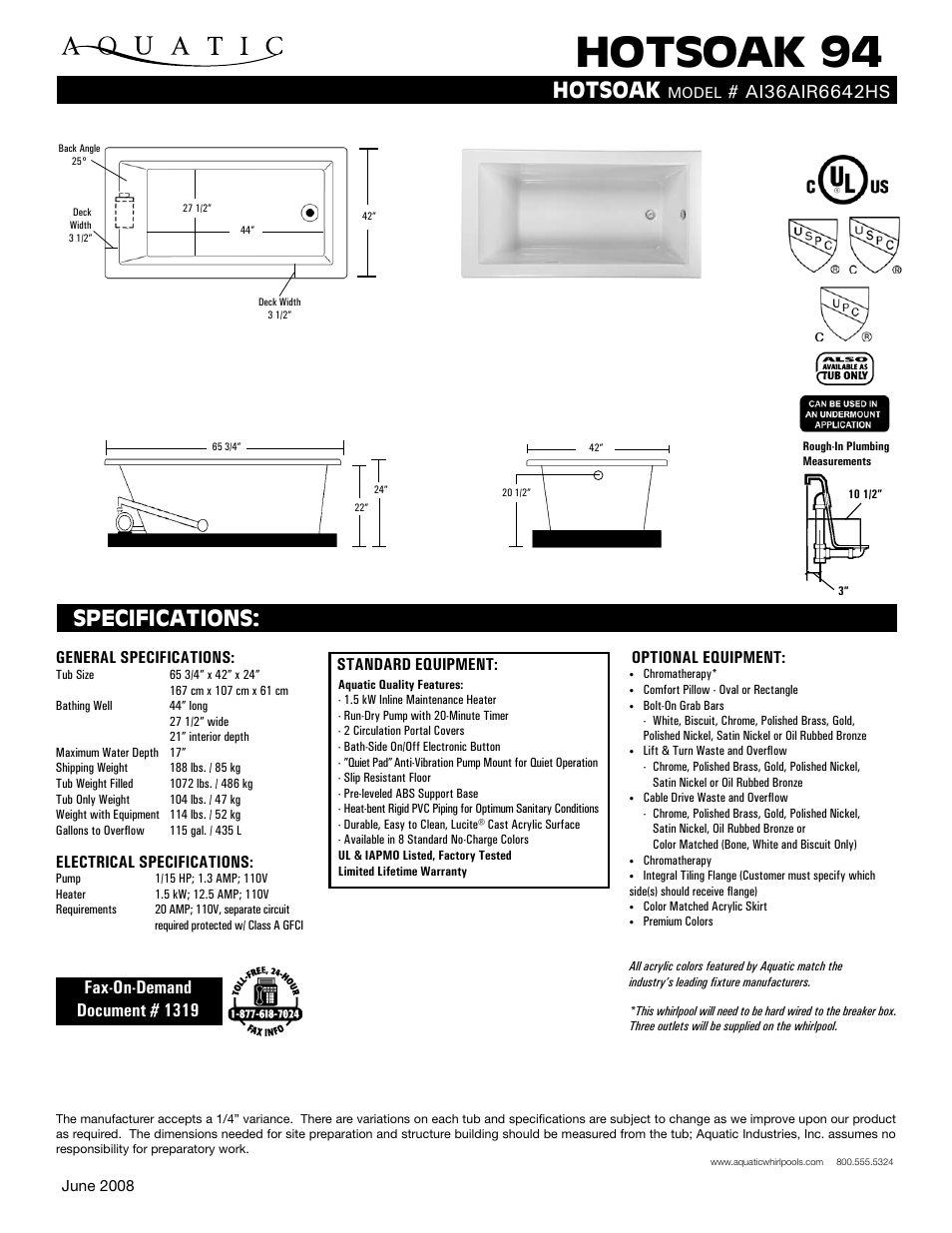 Aquatic HOTSOAK 94 AI36AIR6642HS User Manual | 1 page