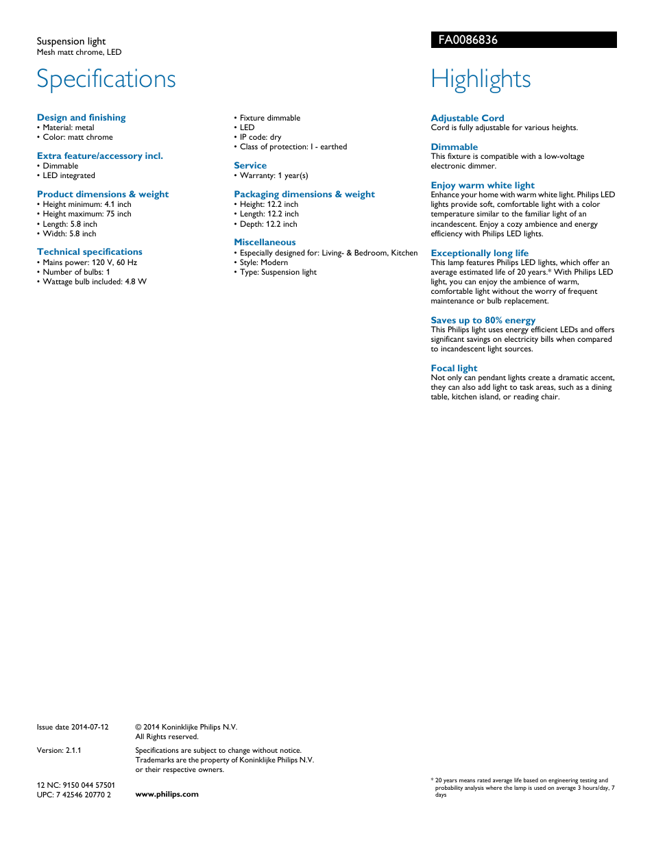 Specifications, Highlights | Philips Forecast Led indoor Suspension light FA008-68-36 Mesh matt chrome LED User Manual | Page 2 / 2