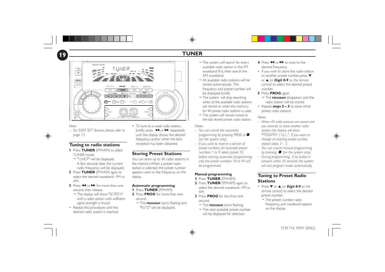 Tuner, Tuning to radio stations, Storing preset stations | Tuning to preset radio stations | Philips FWC85C37 User Manual | Page 19 / 30