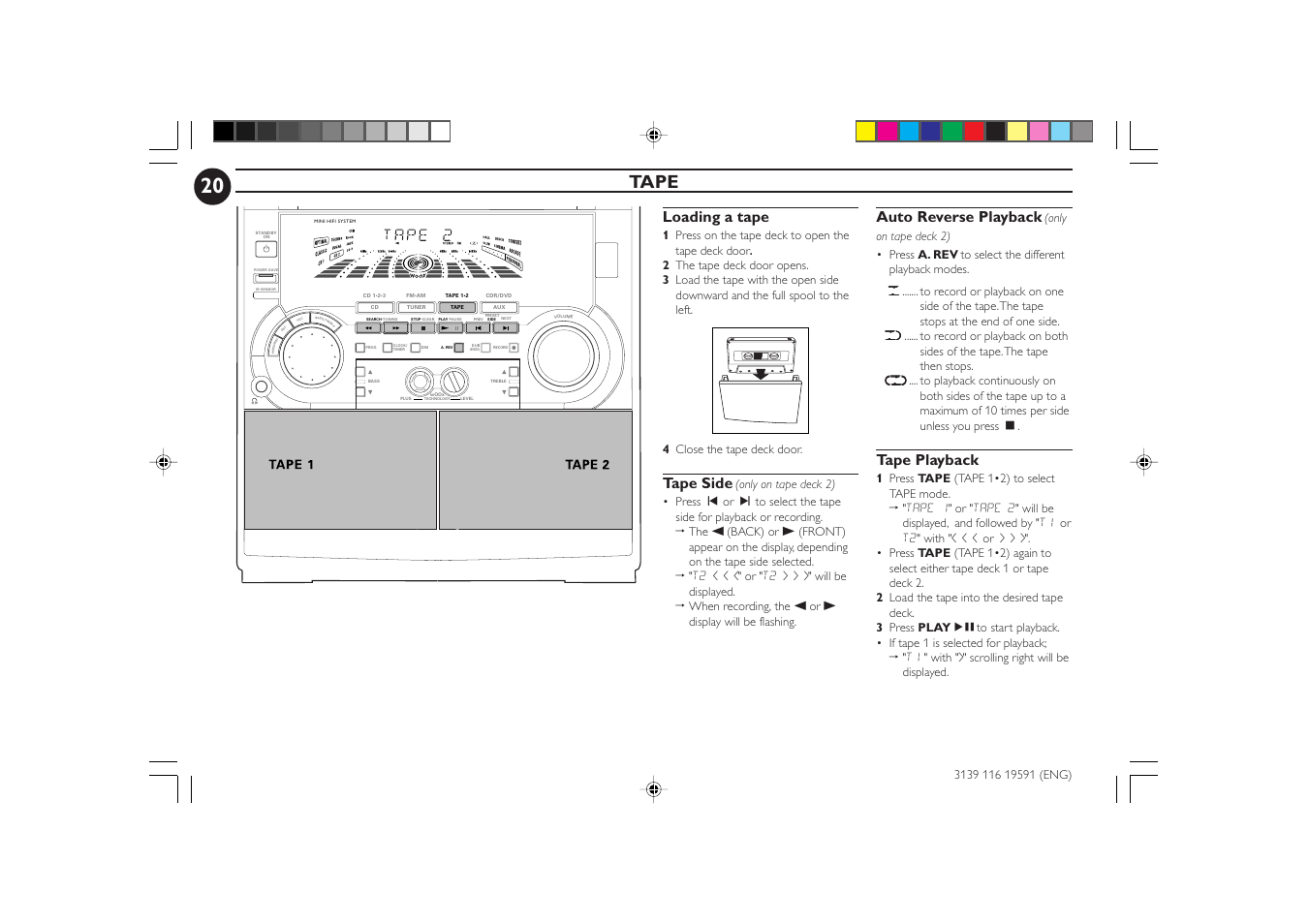 Tape, Loading a tape, Tape side | Auto reverse playback, Tape playback | Philips FWC85C37 User Manual | Page 20 / 30