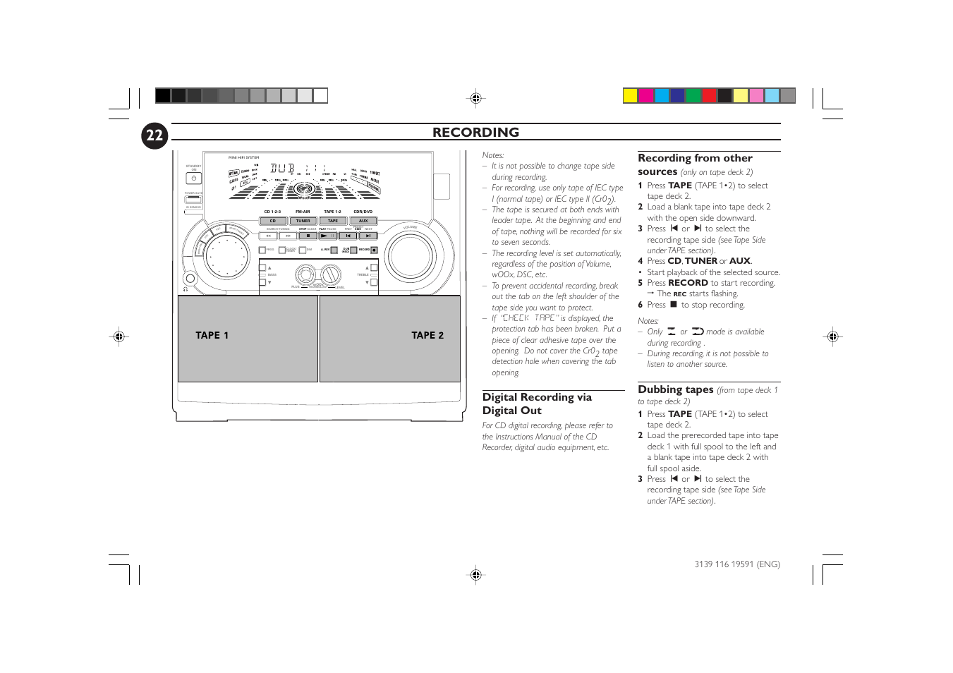 Recording, Digital recording via digital out, Recording from other sources | Dubbing tapes | Philips FWC85C37 User Manual | Page 22 / 30