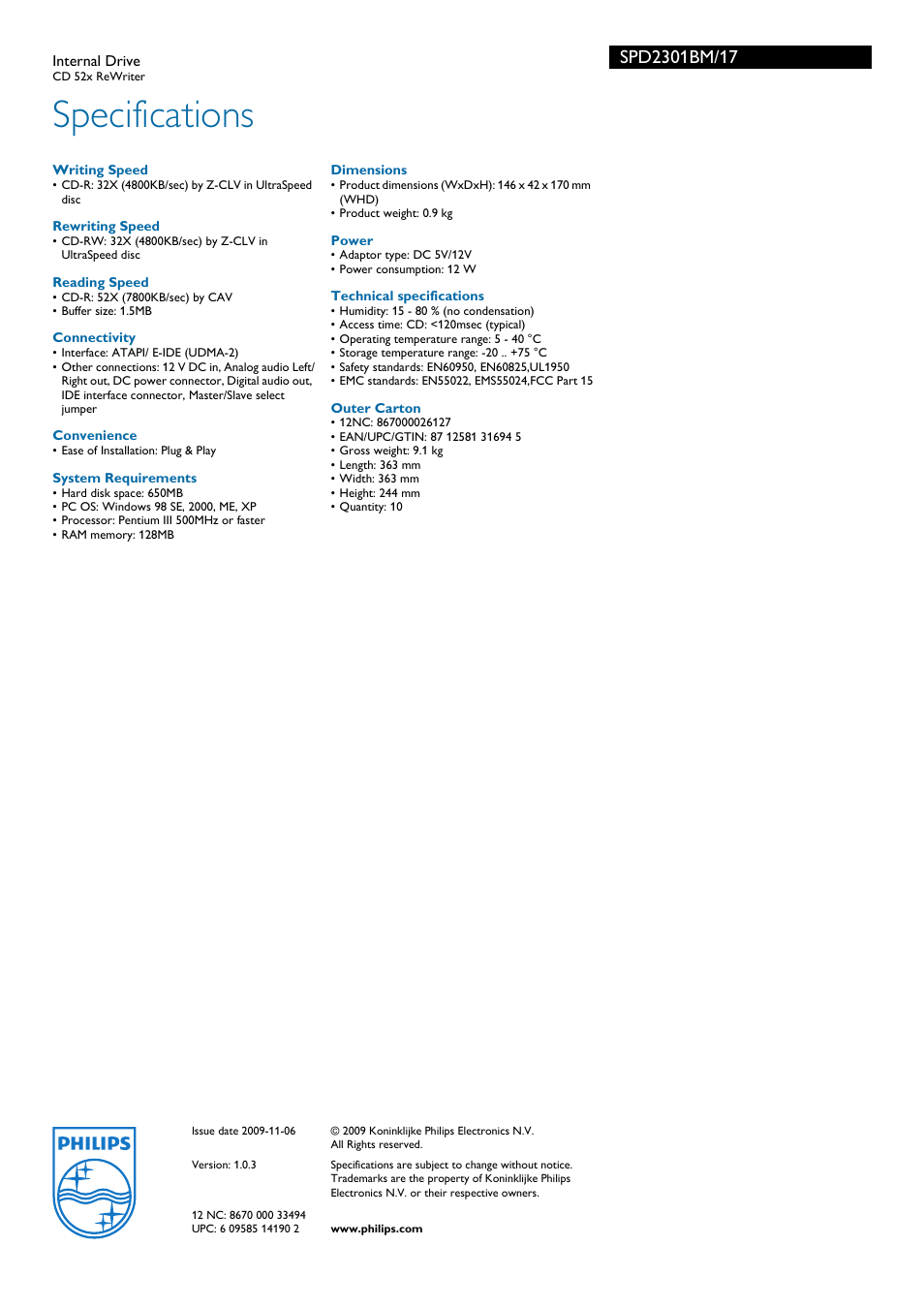 Specifications | Philips SPD2301BM-17 User Manual | Page 2 / 2