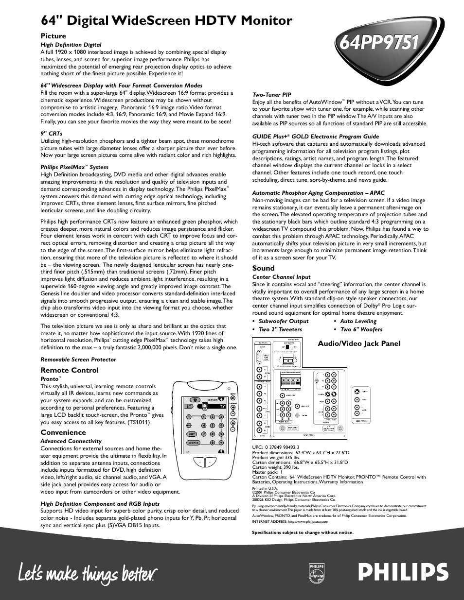 64" digital widescreen hdtv monitor | Philips 64PP975199 User Manual | Page 2 / 2